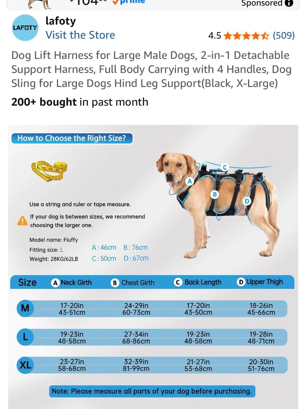 BNIB Lafoty Full-Body Dog Lift Harness with Rear Support Handles XL